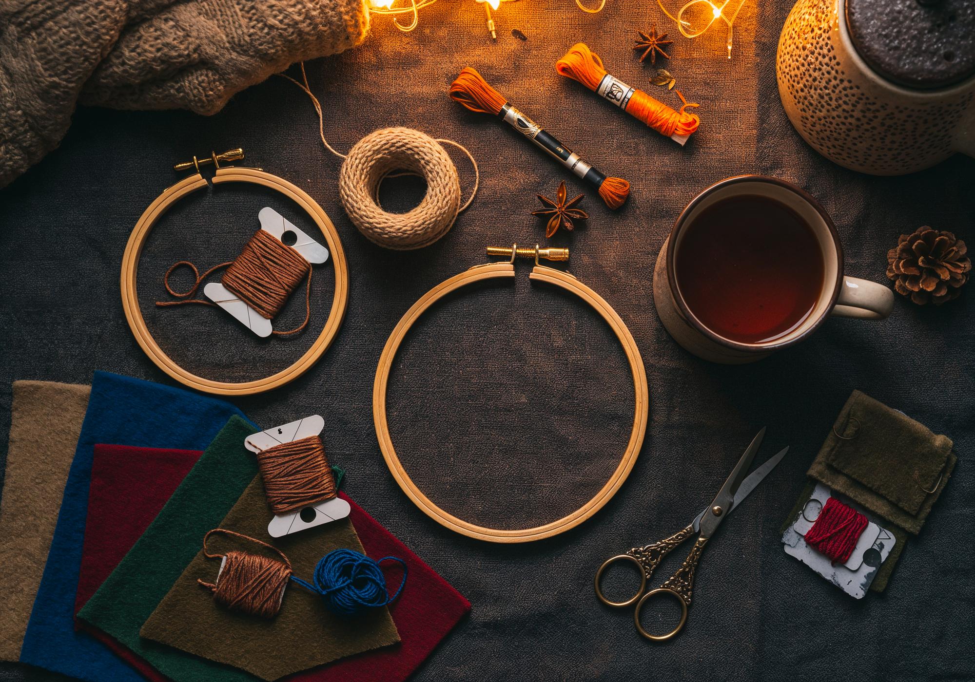 Studio workspace with embroidery hoop and threads